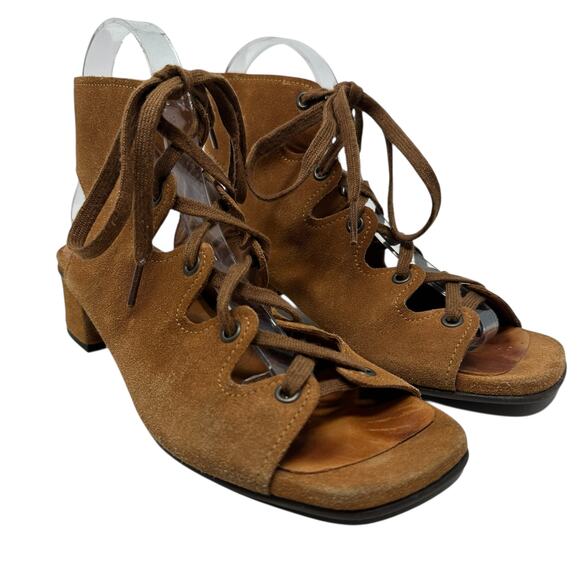 Chie Mihara Lace-Up Sandals Block Heel Suede Tan Brown Size 38.5 US 8.5 - Picture 2 of 16